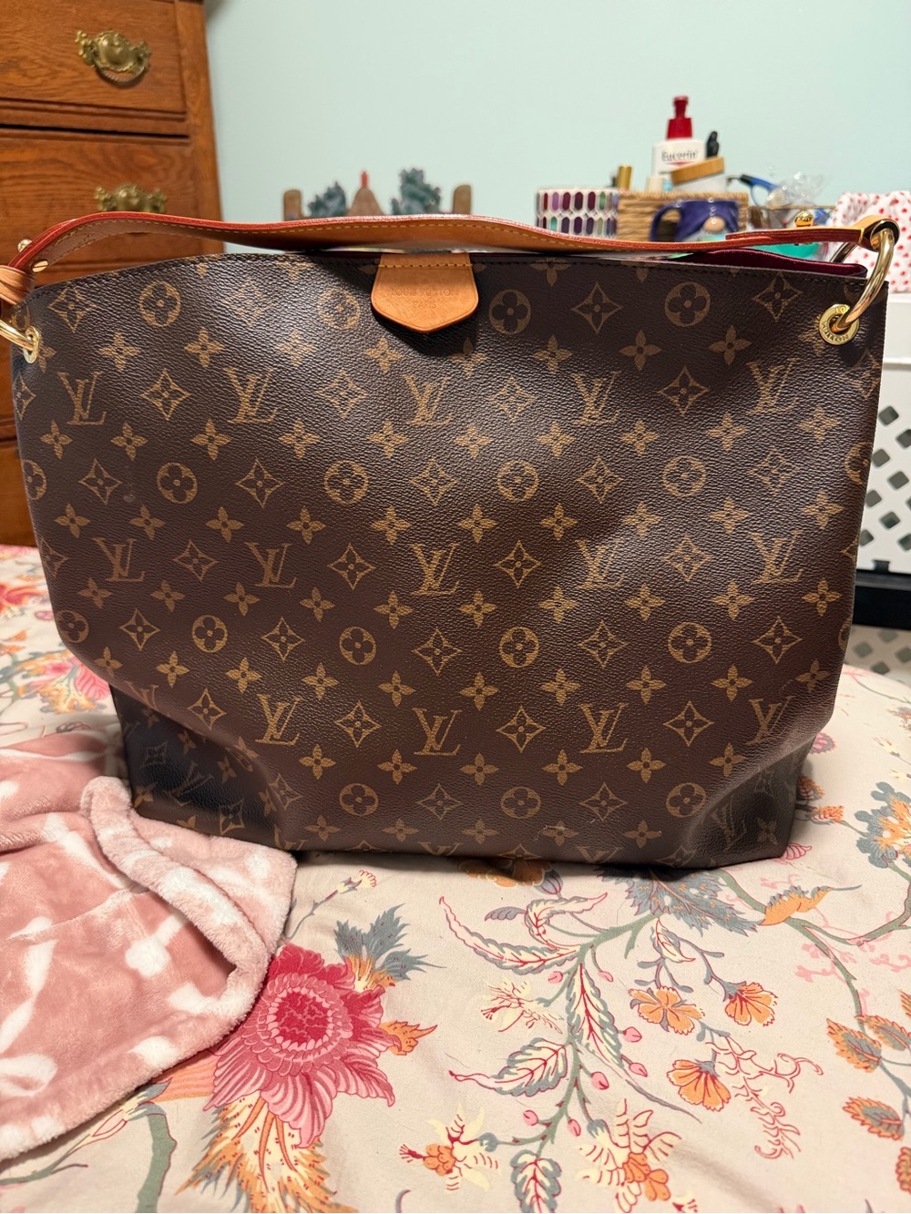 Louis Vuitton Monogram Shoulder Tote in Brown with hot pink inside